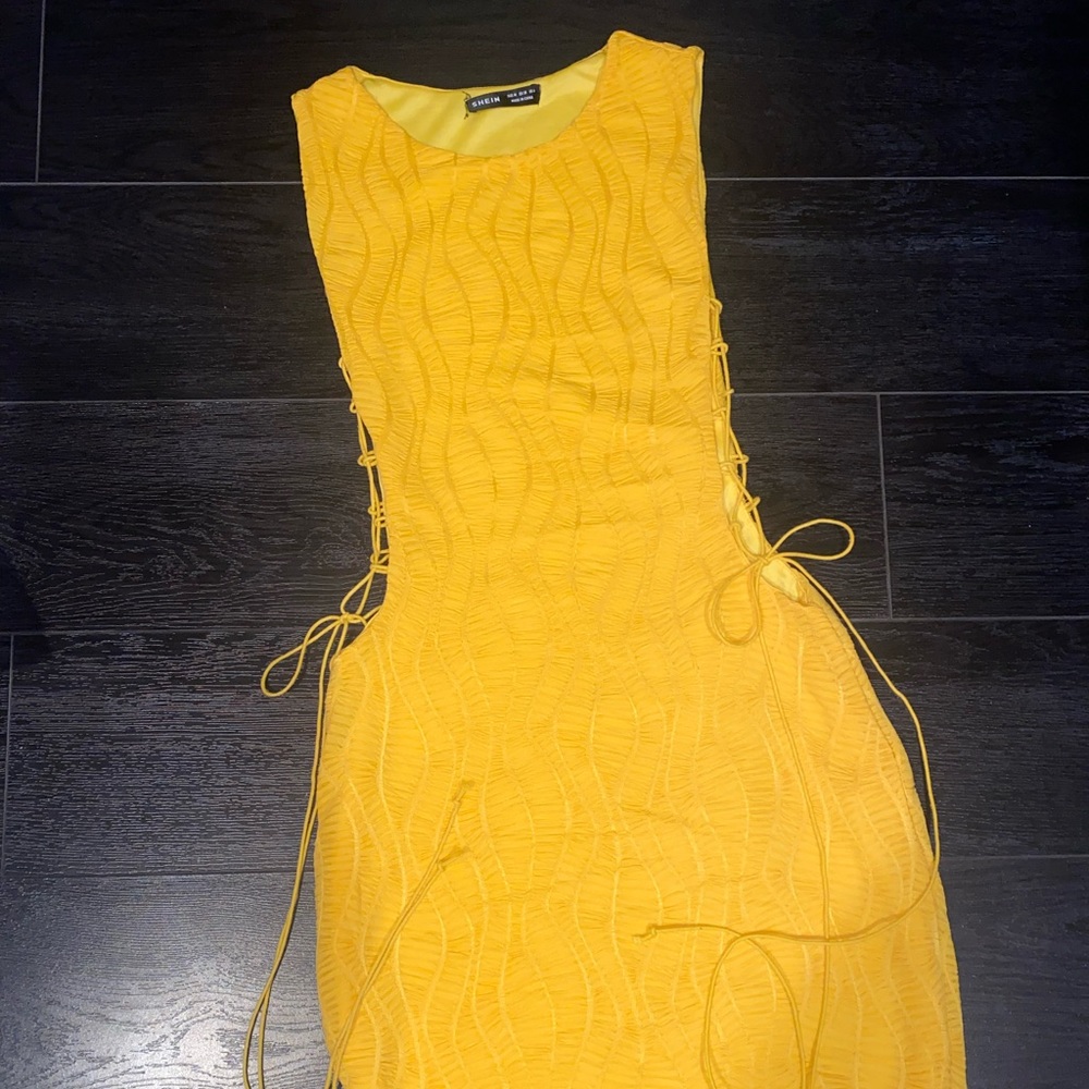 yellow medium side tied embroidered dress from shein